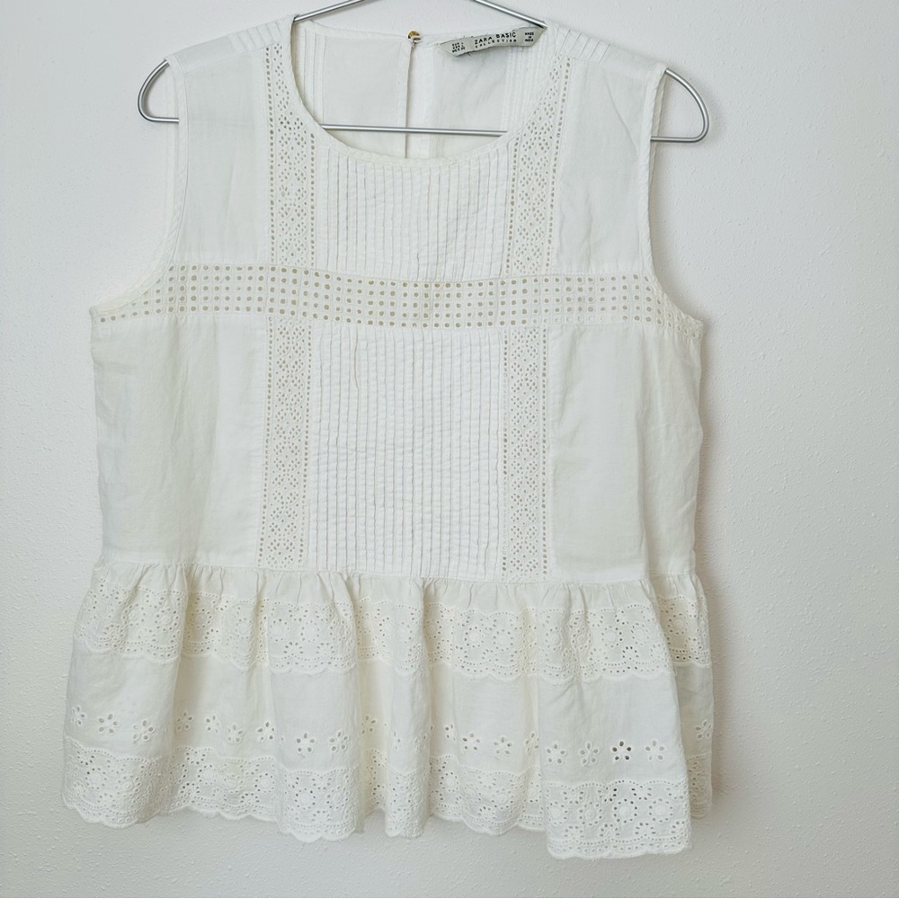 Zara Lace Crew Neck Tank Top Blouse Crochet Boho sleeveless Eyelet - Picture 5 of 6